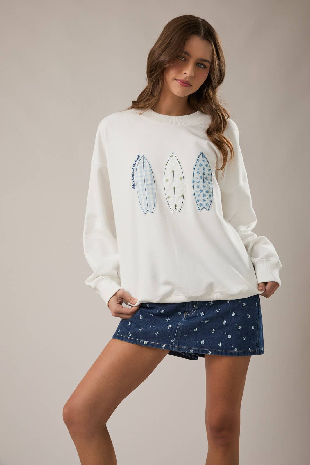LONG SLEEVE CREW NECK BOAT PATCHWORK PRINTED SWEATSHIRT