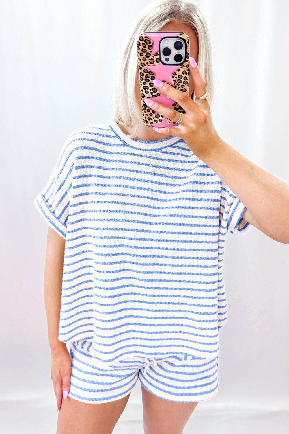 Pink Stripe Knitted Short Sleeve Top and Drawstring Shorts Set