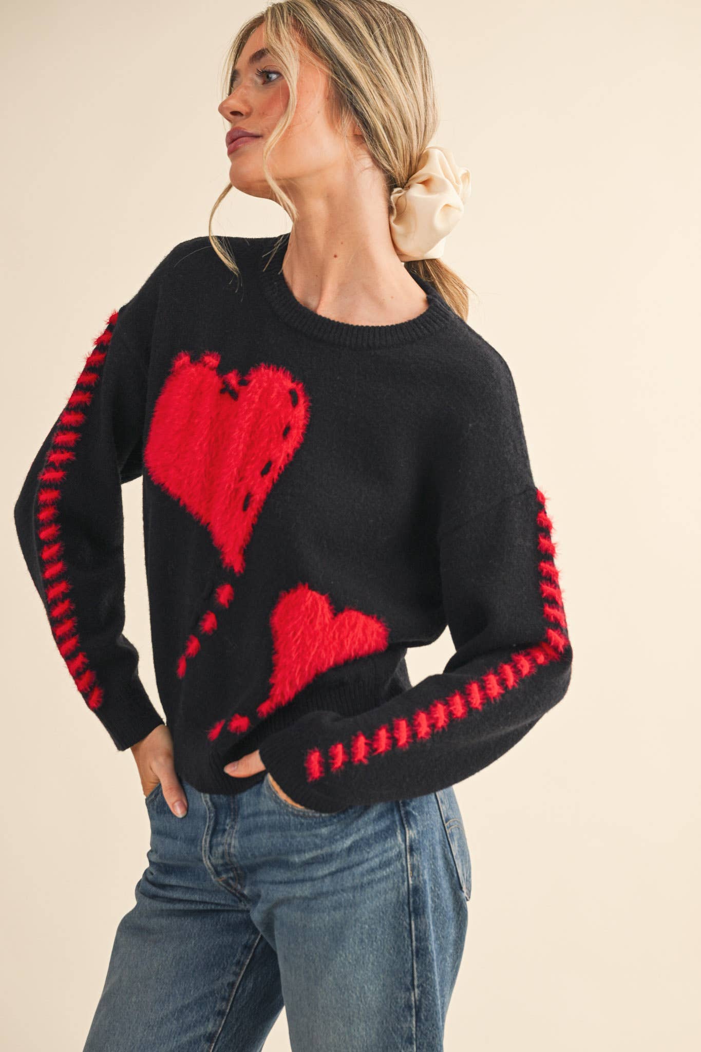 Fuzzy Heart Knit Sweater
