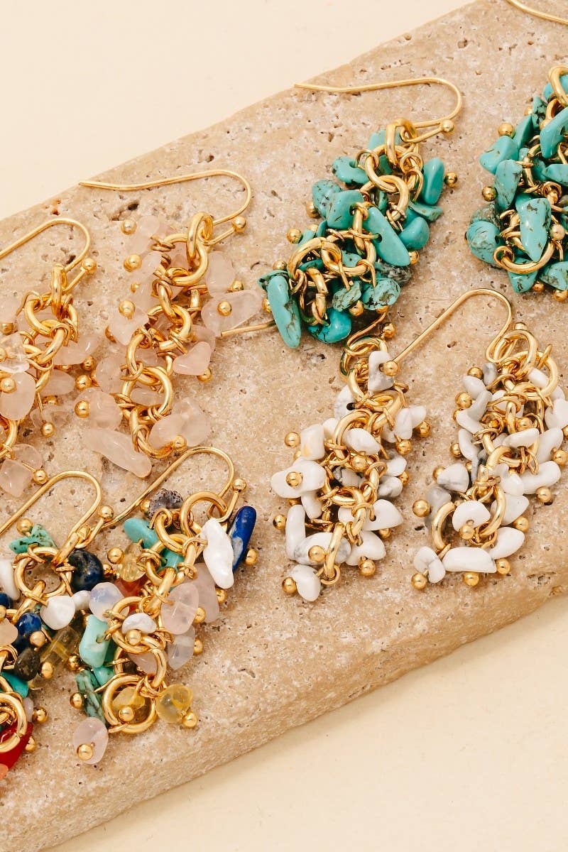 Pebble Stone Beaded Fringe Dangle Earrings