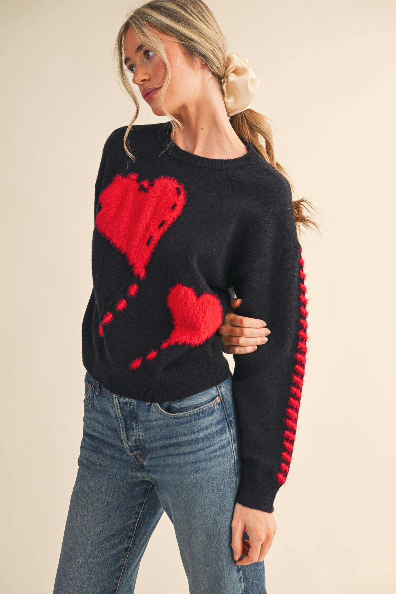 Fuzzy Heart Knit Sweater