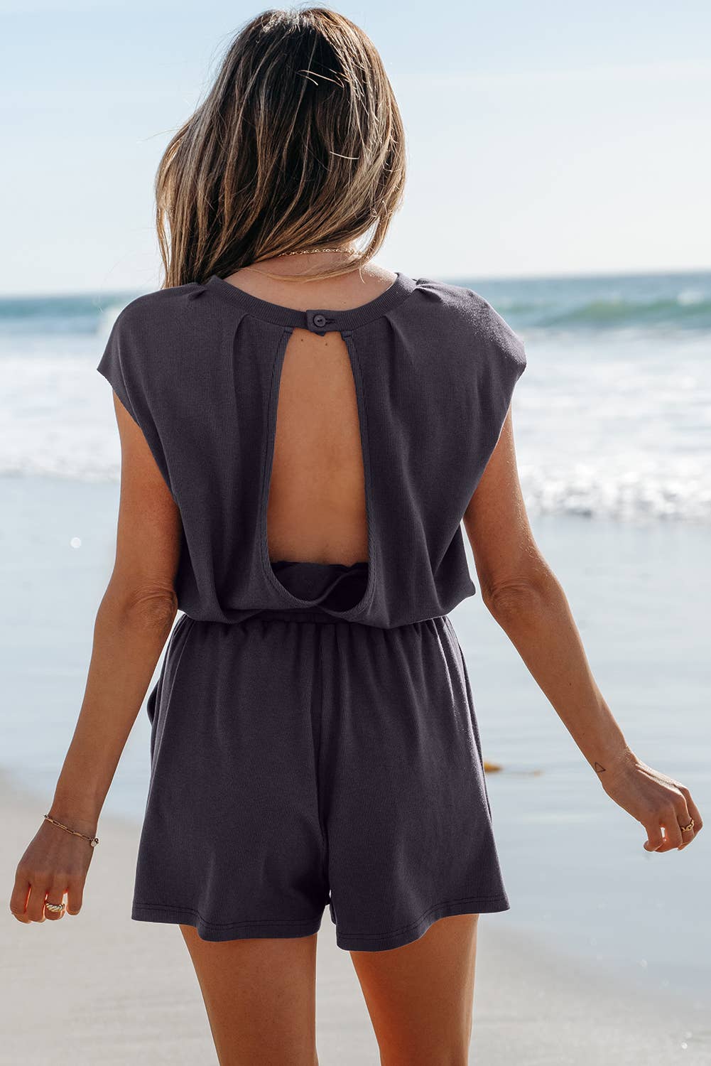 Knit Open Back Cap Sleeve Drawstring Romper