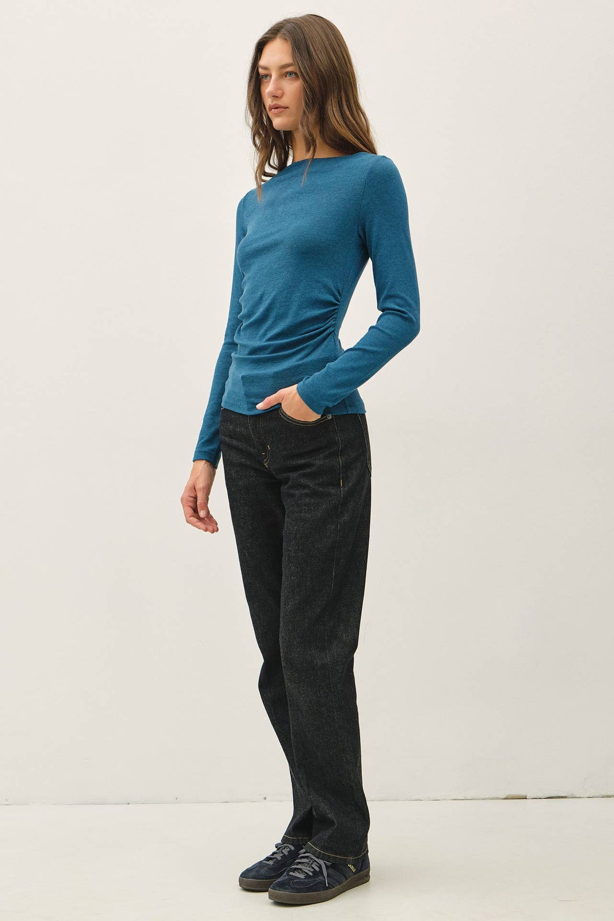Classic Ribbed Boat Neck Shirred Waist Top