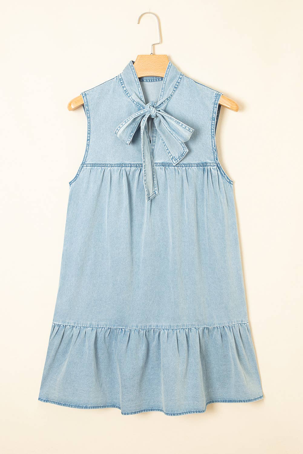 Bowknot Neck Sleeveless Ruffled Chambray Dress