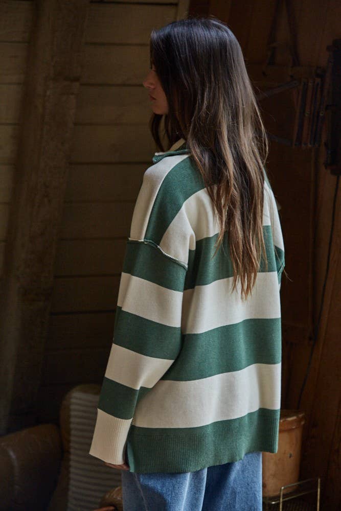 Knit Striped Turtleneck Half Zip Up Sweater