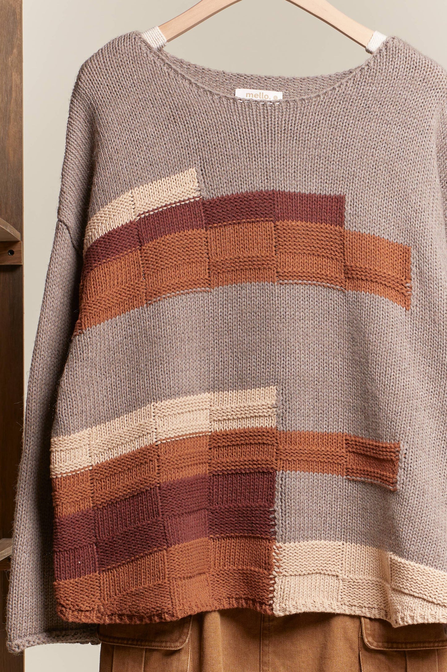 Abstract Print Boat Neck Knit Sweater