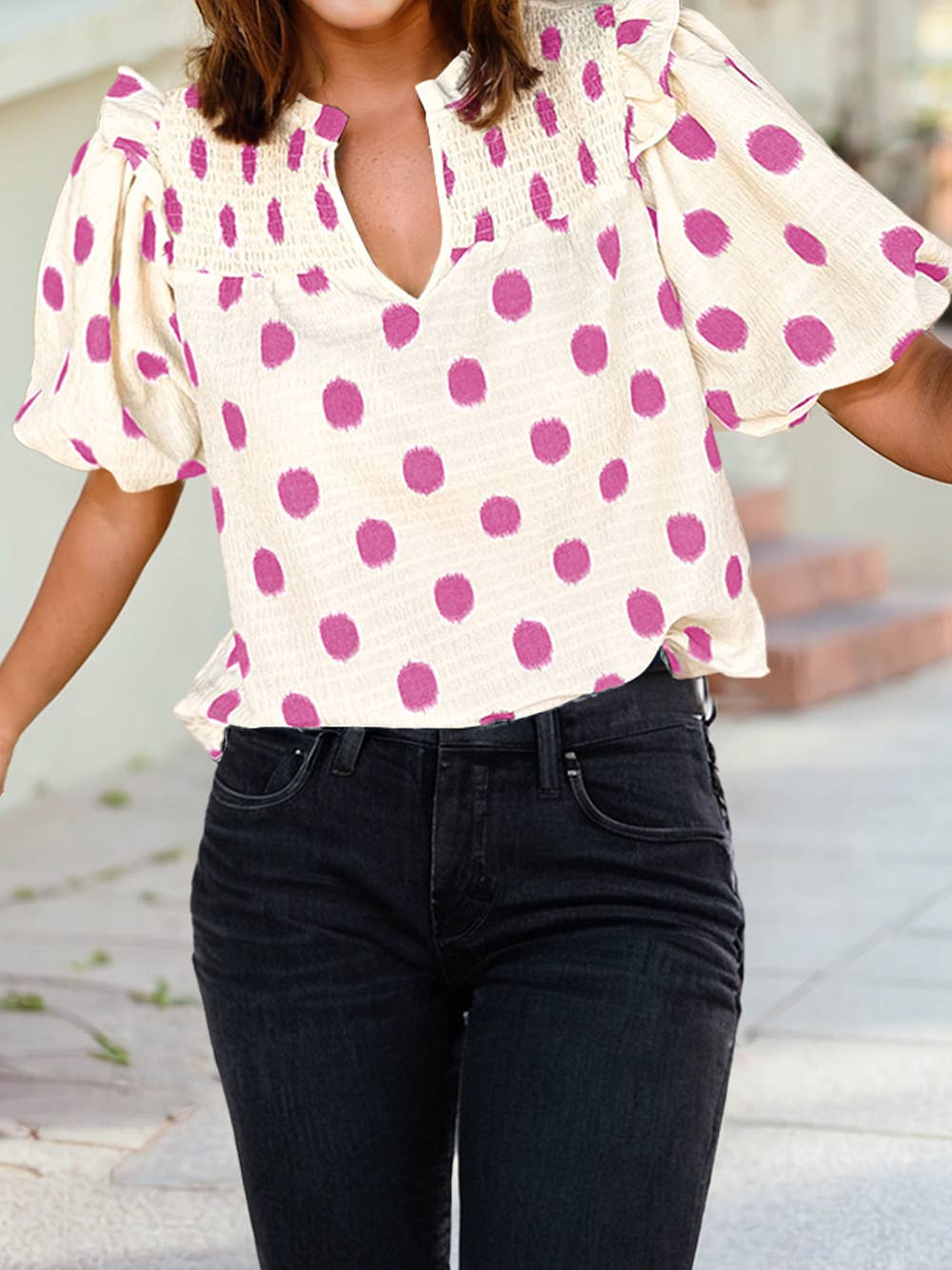 Polka Dot Balloon Sleeve Blouse