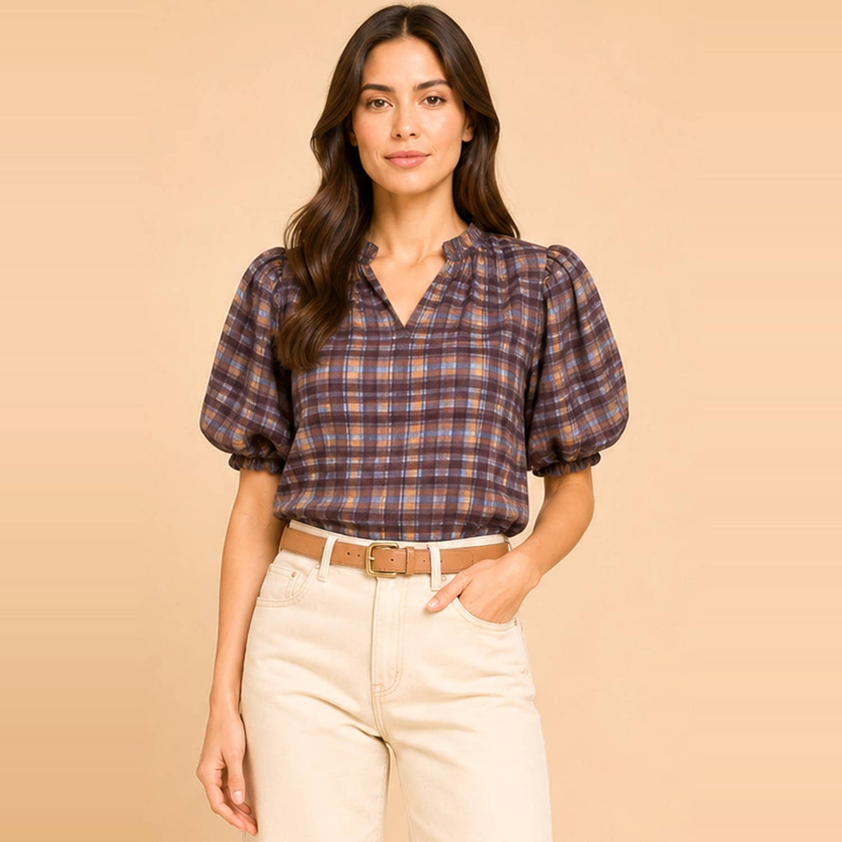 Plaid Puff Sleeve Ruffle Neck Blouse