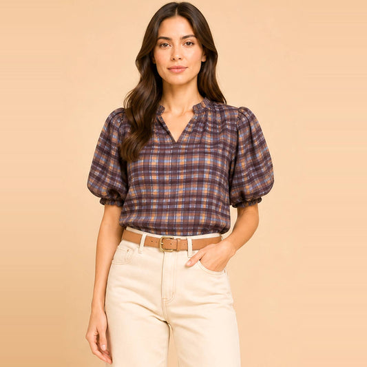 Plaid Puff Sleeve Ruffle Neck Blouse