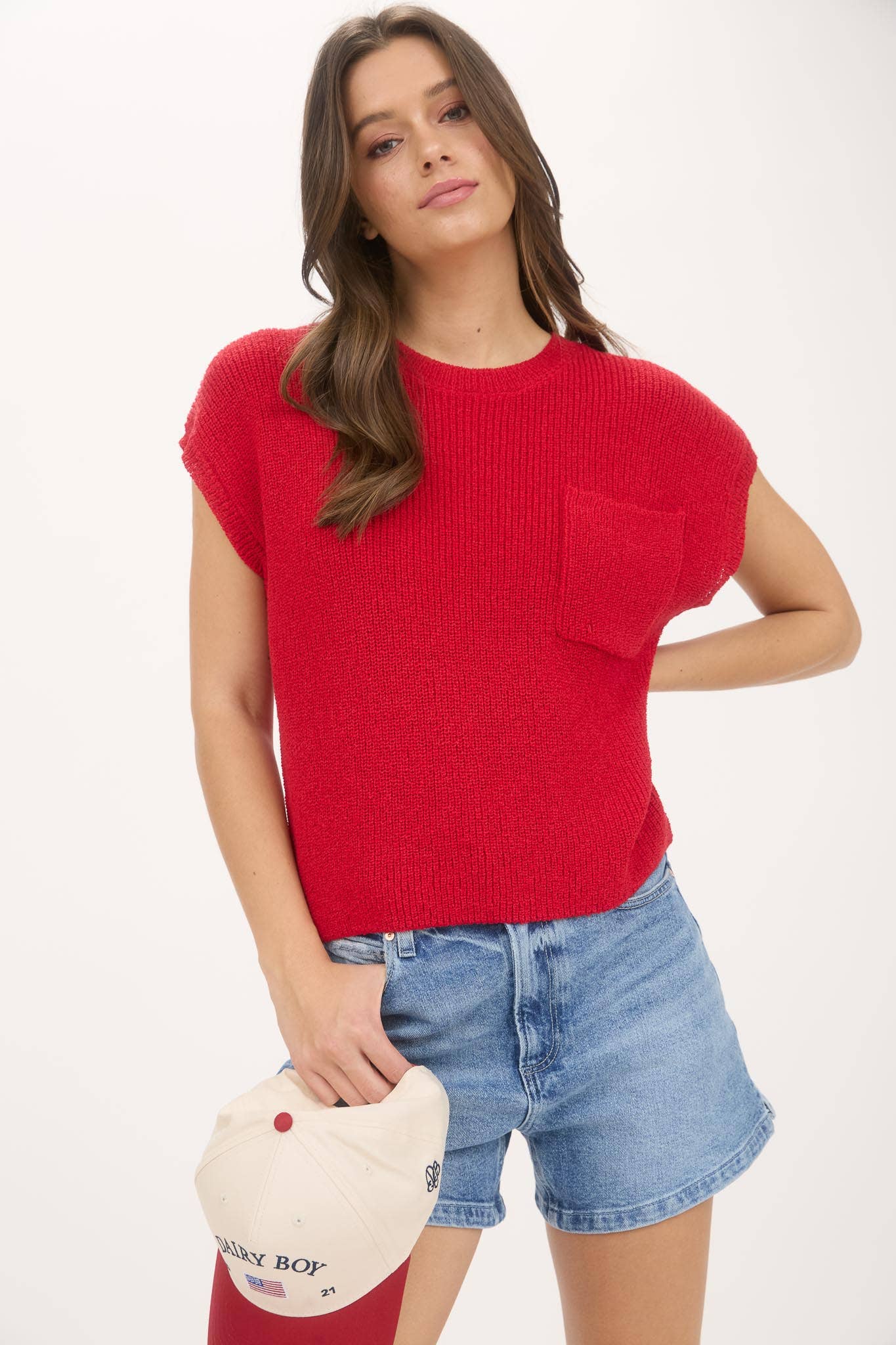 Crewneck Short Sleeve Batwing Sweater With Pocket