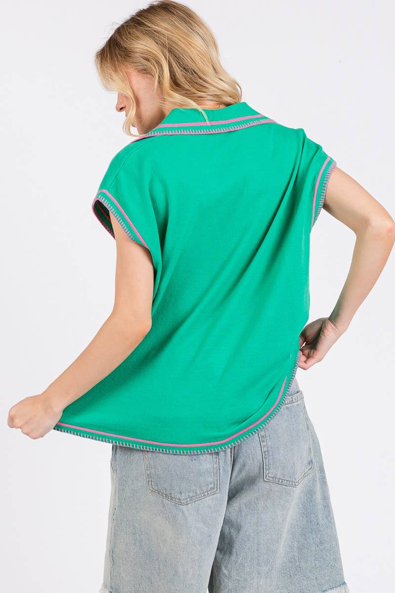Knit Sleeveless Top with Pink Stitching