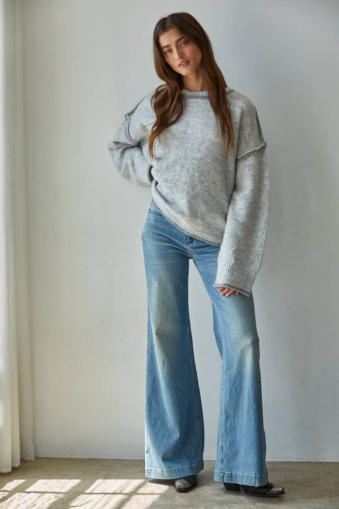 Knit Sweater Crew Neck Pullover Top With Rolled Edge