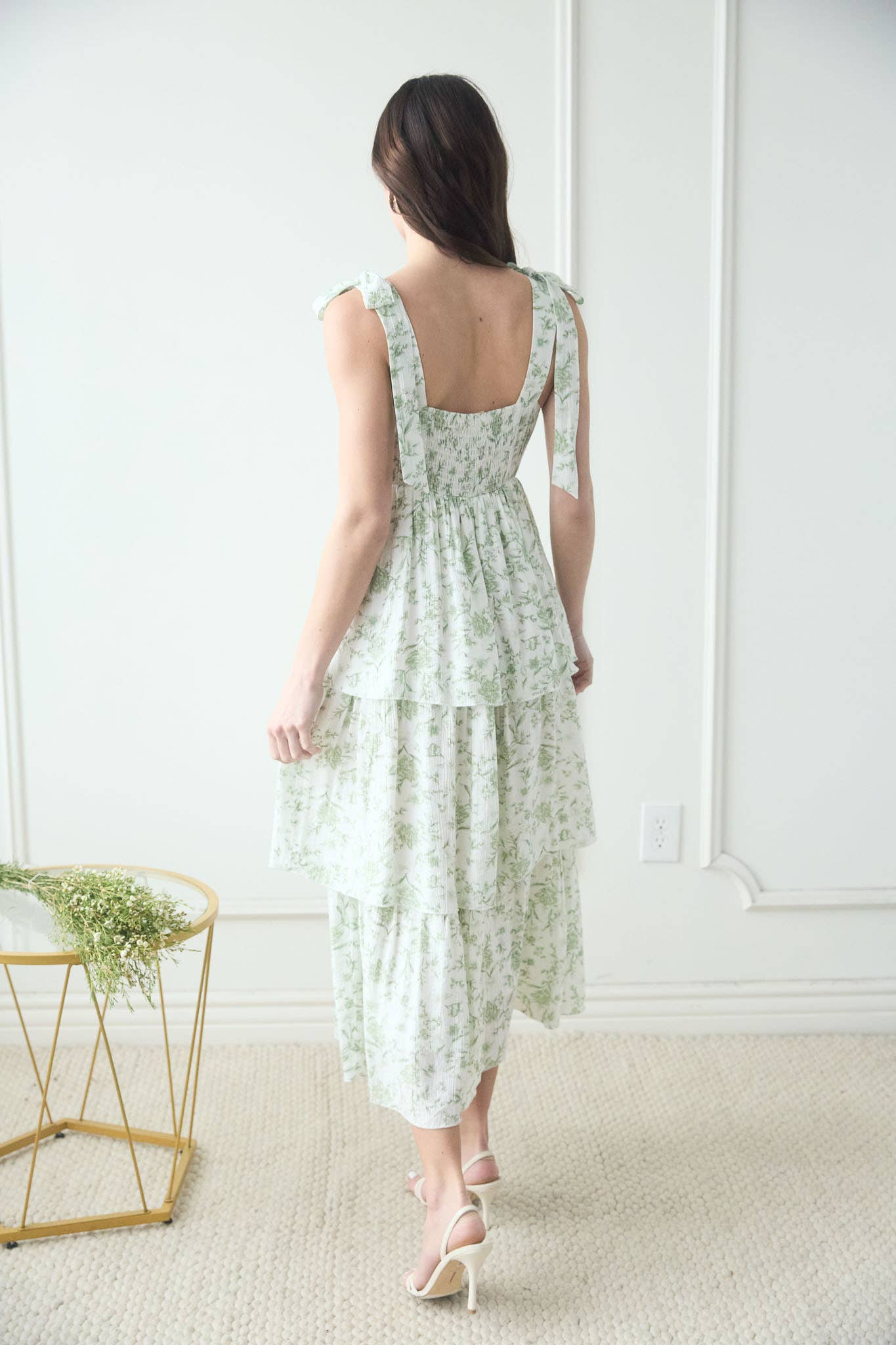 Floral Tie Strap Ruffle Midi Dress