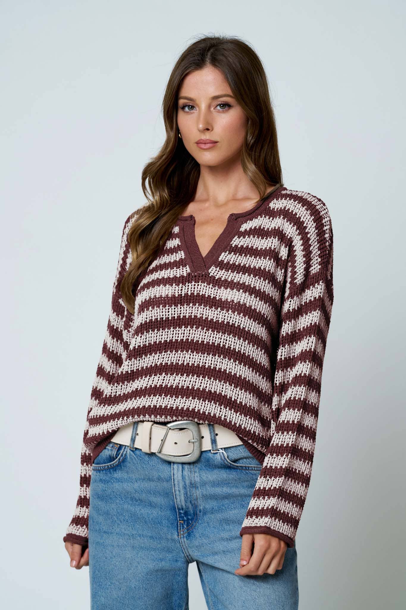Stripe Raw Edge Sweater
