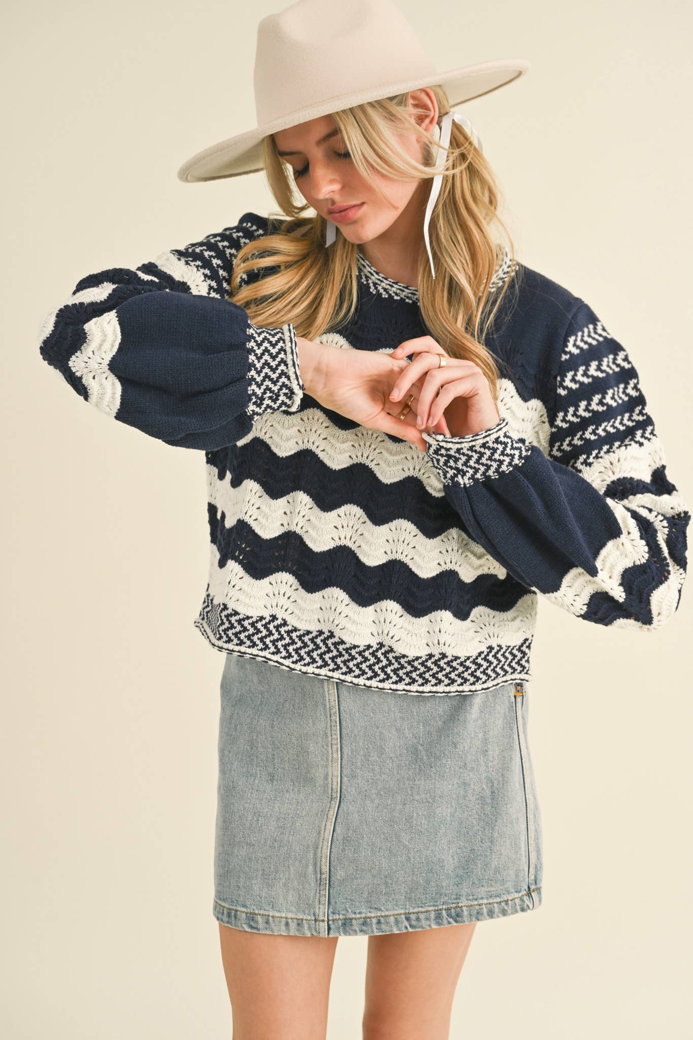Wavy Striped Puff Sleeve Sweater