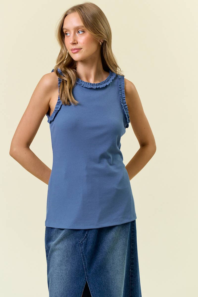 Solid Knit Tank with Ruffle Trim