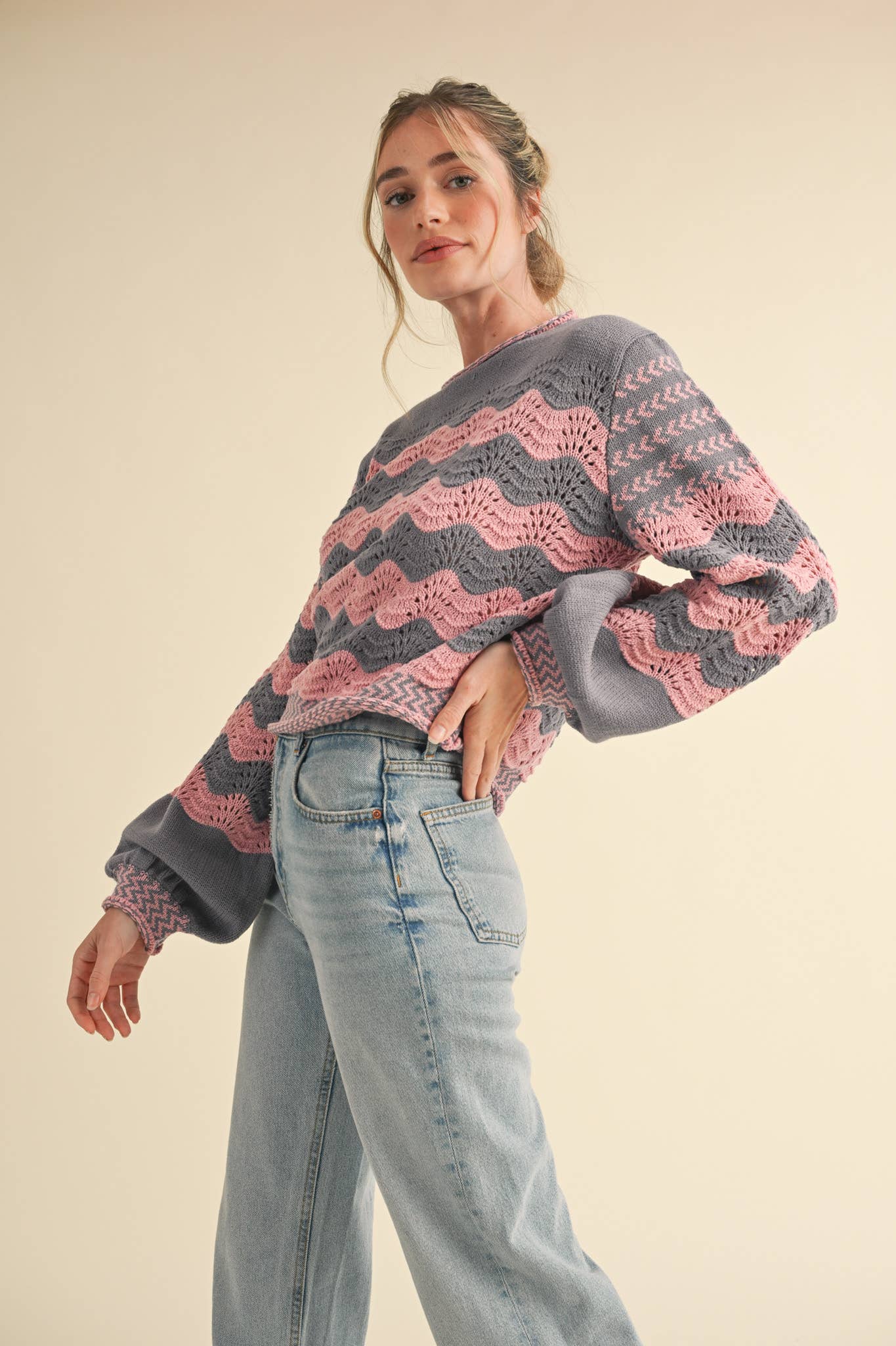 Wavy Striped Puff Sleeve Sweater
