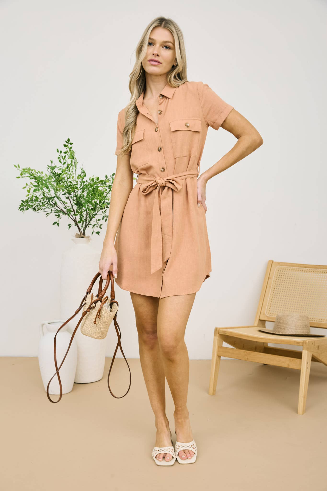Button Down with Collar Belted Mini Dress