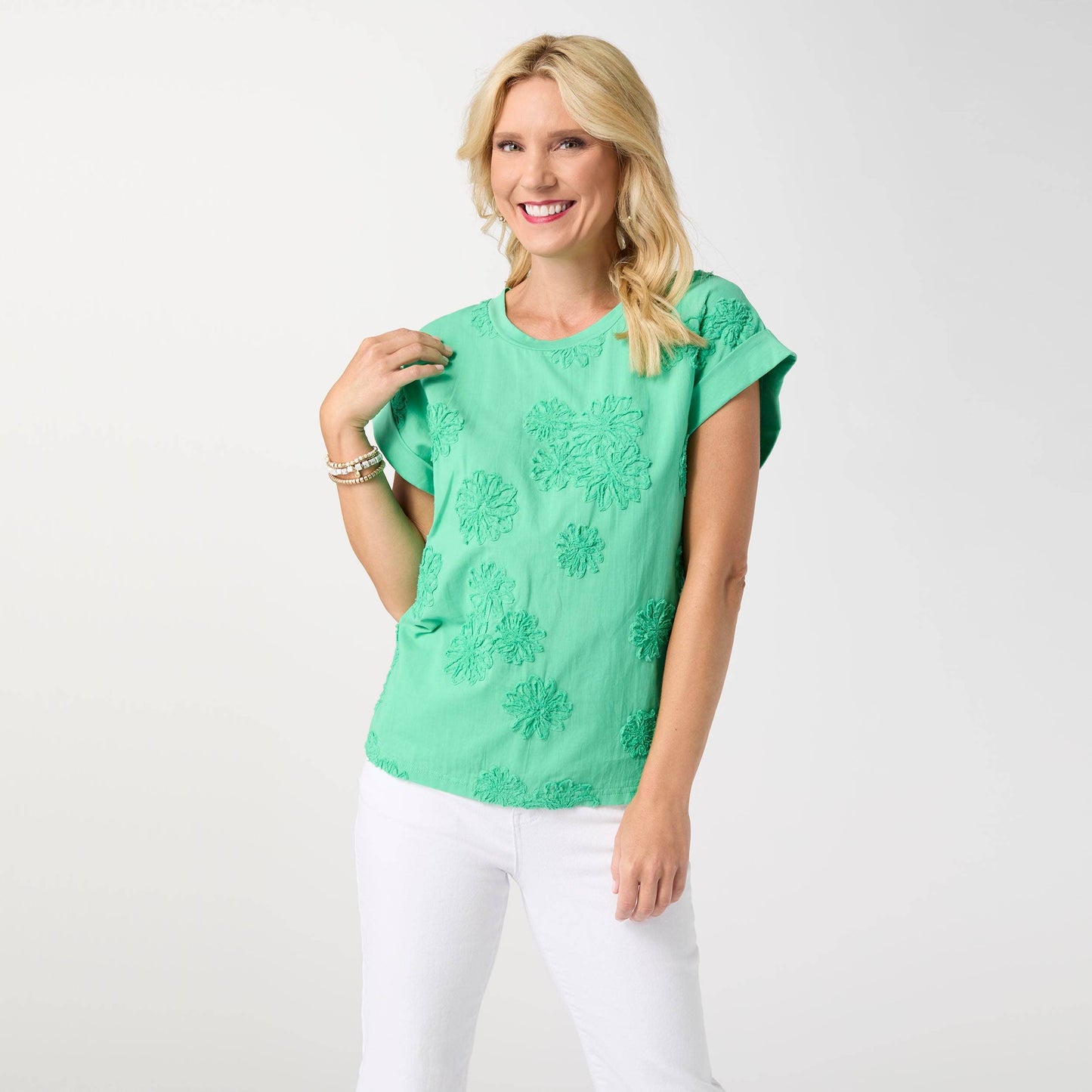 Reese Cap Sleeve Floral Applique Top