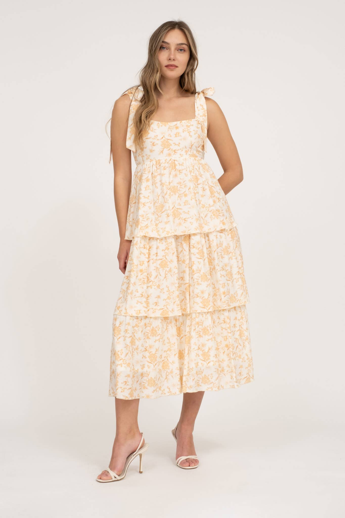 Floral Tie Strap Ruffle Midi Dress
