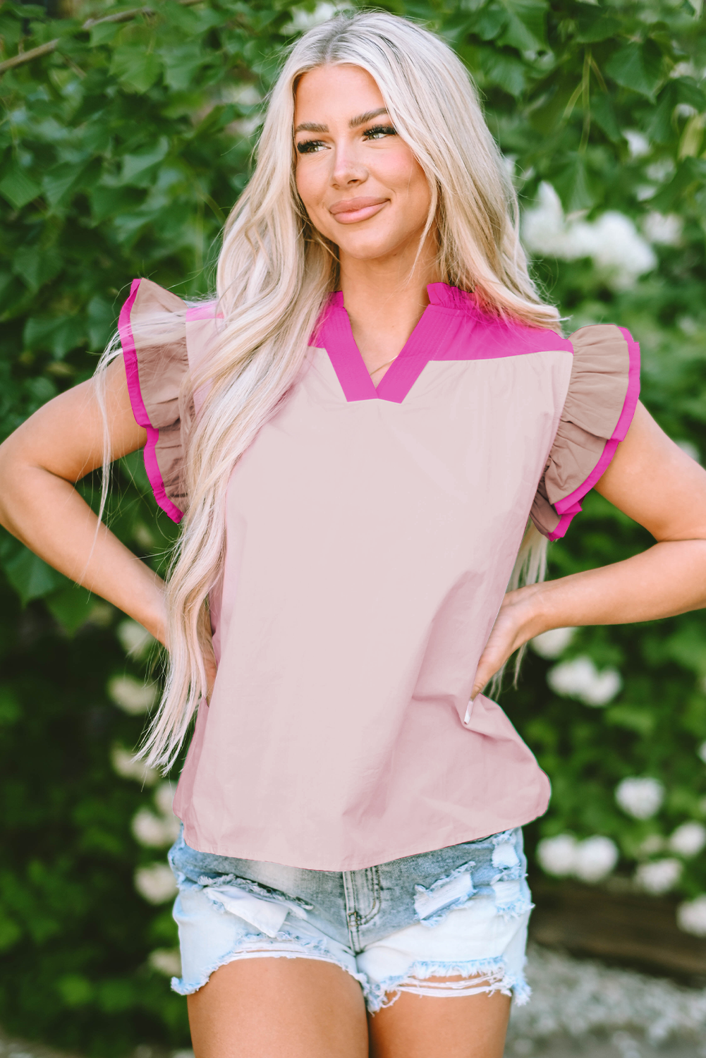 Mist Blue Colorblock Ruffled Sleeve Frill V Neck Blouse