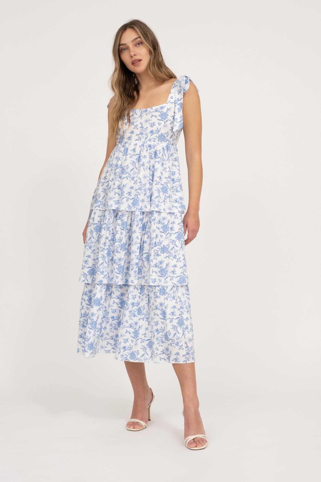 Floral Tie Strap Ruffle Midi Dress