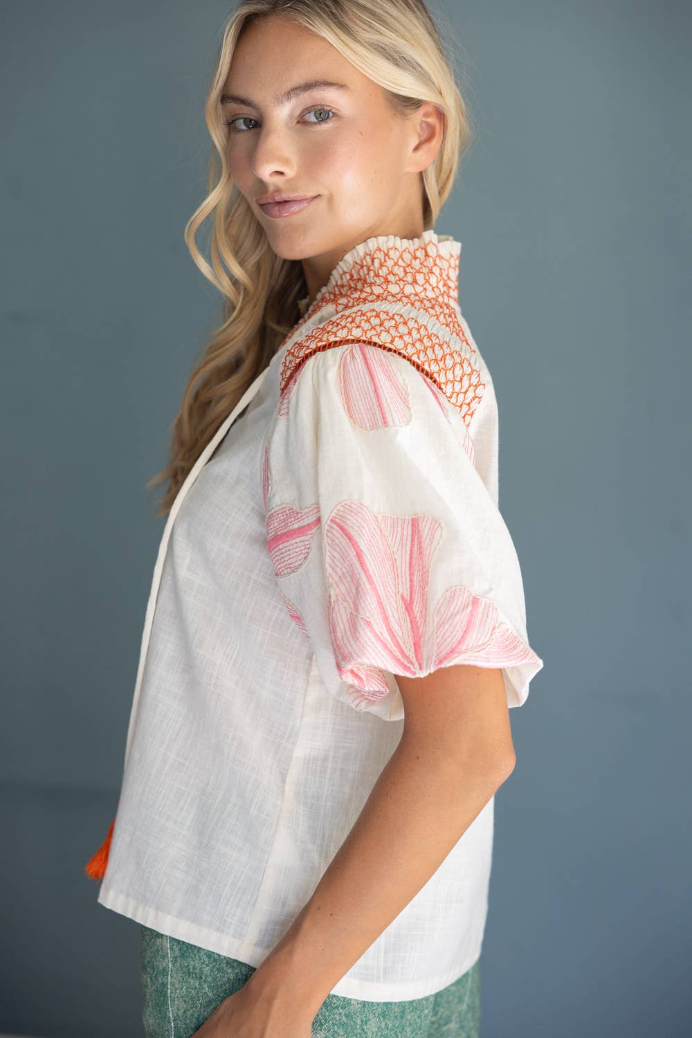 Floral Embroidery Contrast Smocked Neck Top