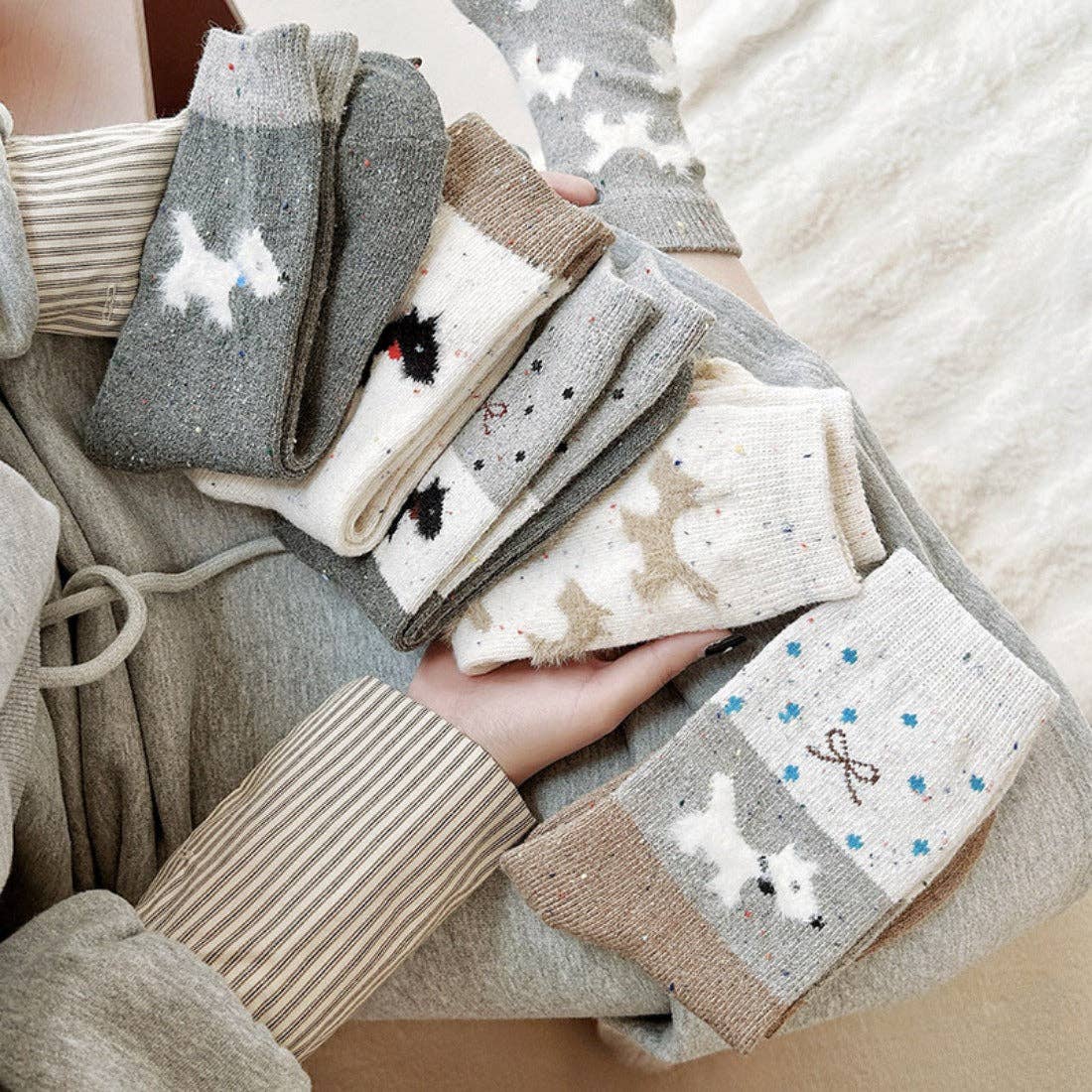Gray and White Dog Pattern Thick Warm Socks