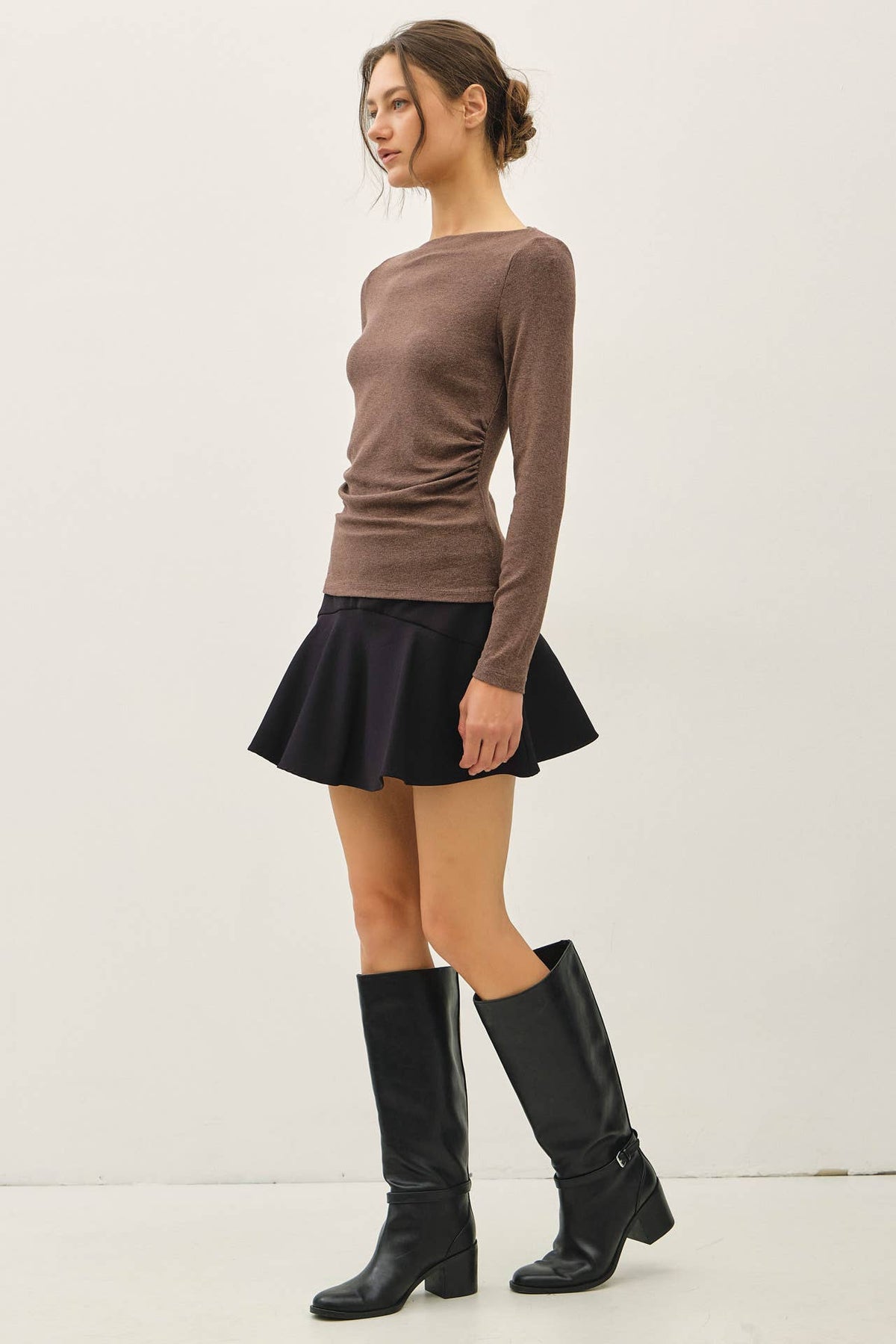 Classic Ribbed Boat Neck Shirred Waist Top