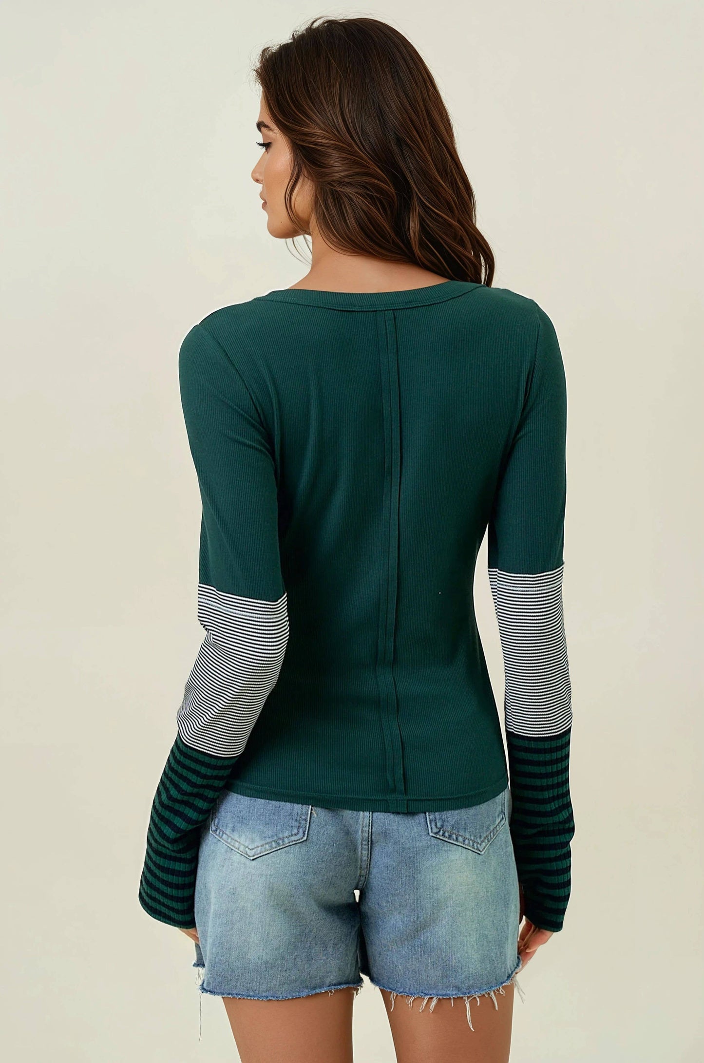 Striped Color Block Sleeve Top with Thumb Hole
