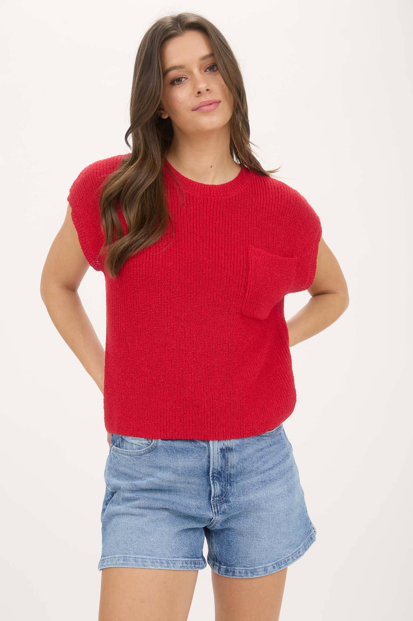 Crewneck Short Sleeve Batwing Sweater With Pocket