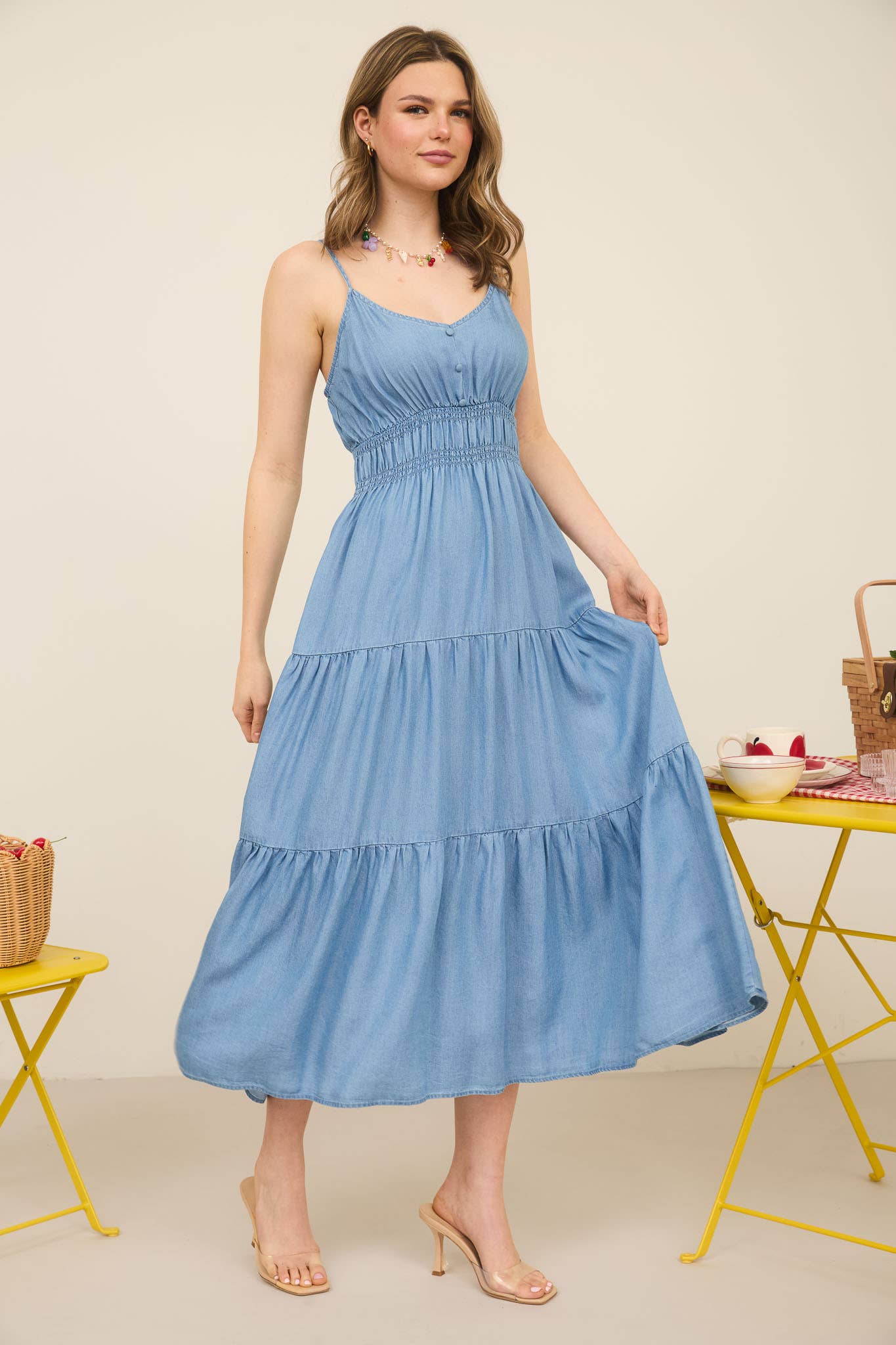 Chambray Sleeveless Tiered Midi Dress