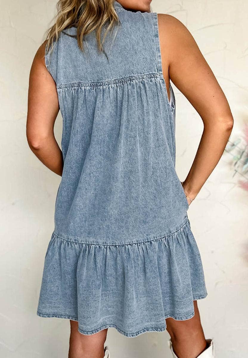 Bowknot Neck Sleeveless Ruffled Chambray Dress