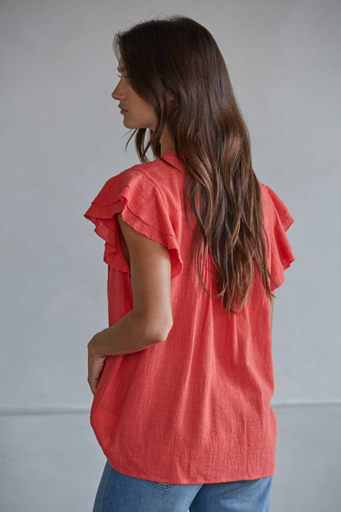 Maude Cotton Linen Ruffle Sleeve Top