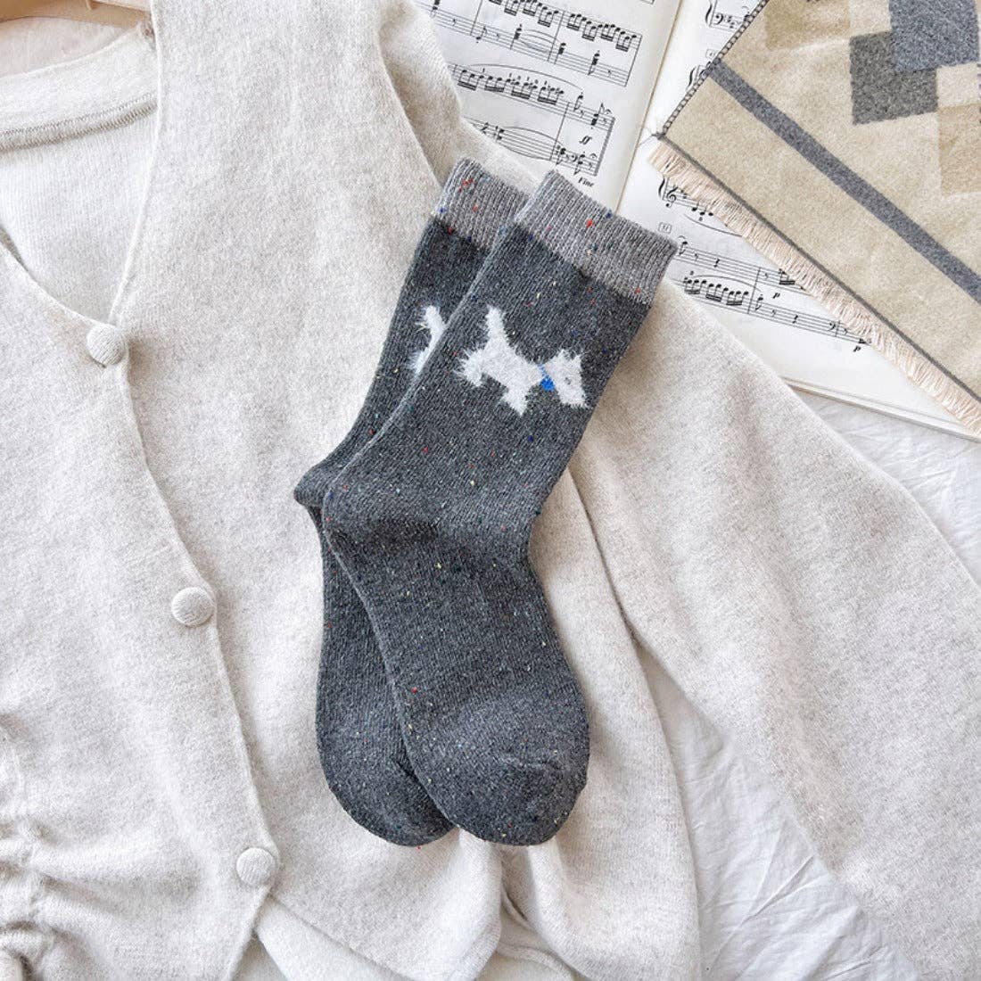 Gray and White Dog Pattern Thick Warm Socks