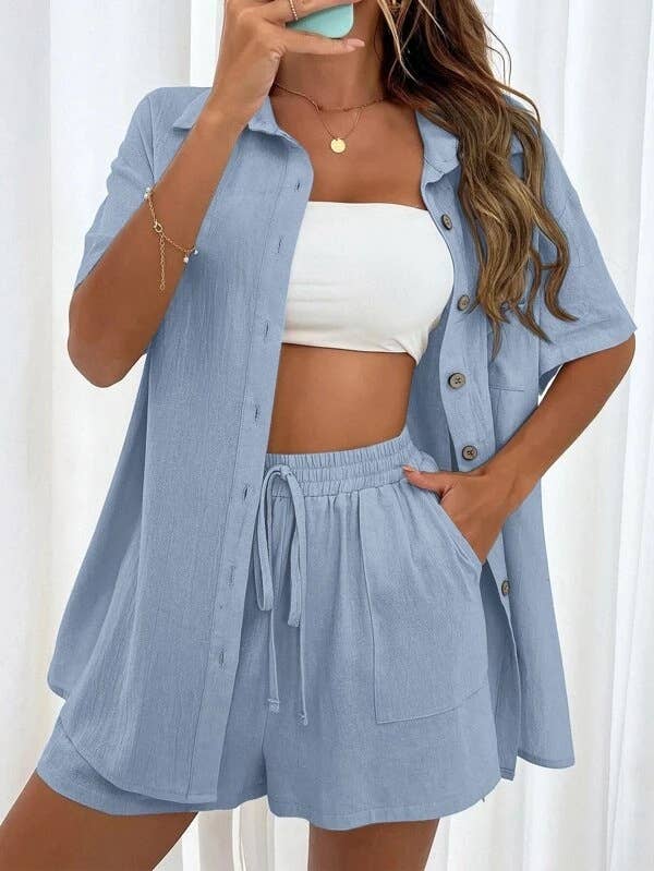 Sweetkama Ladies Solid Color Top and Short Set Daily Set