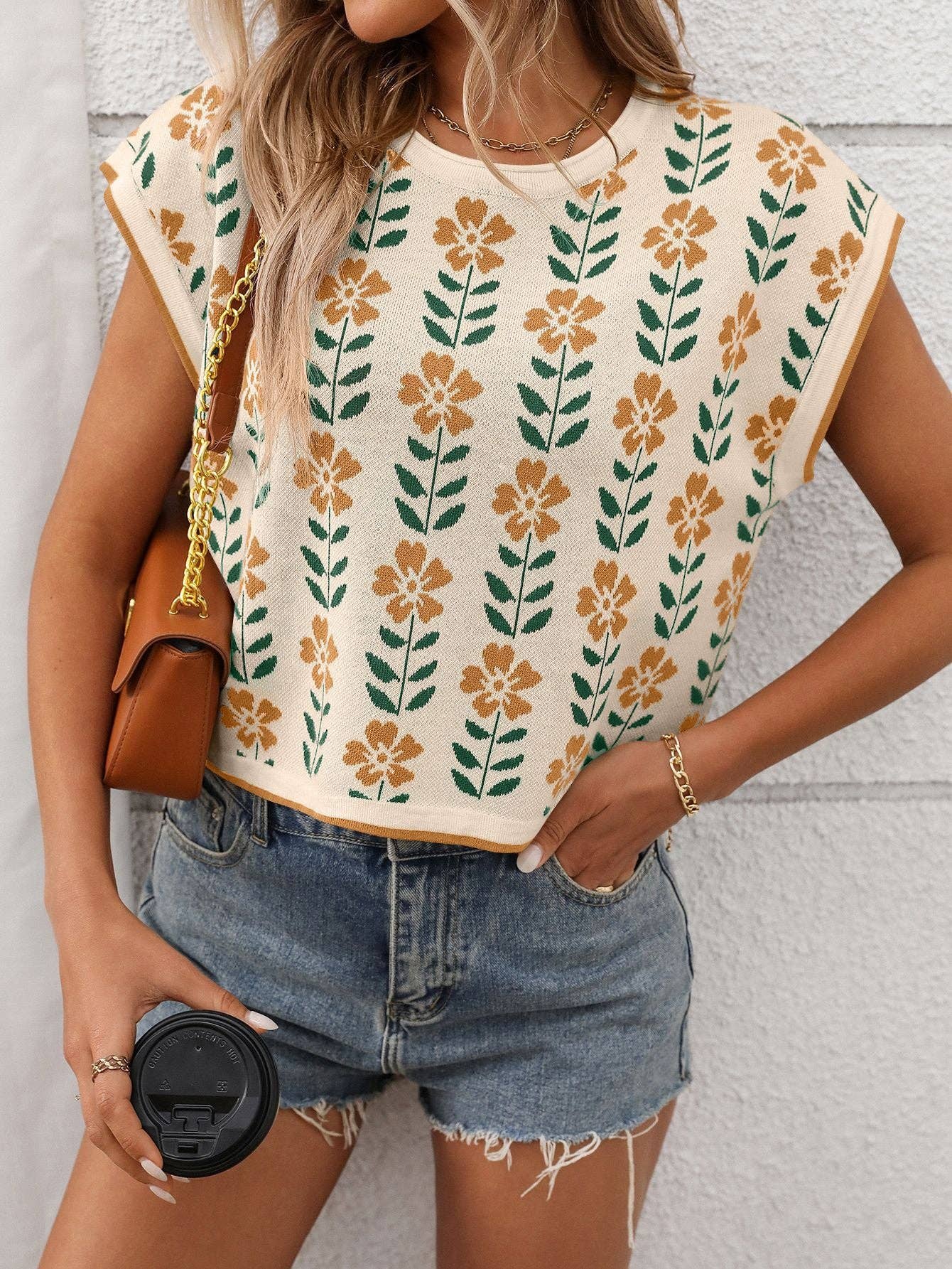 Retro Floral Knit Short Sleeve Vintage Pullover Sweater Vest