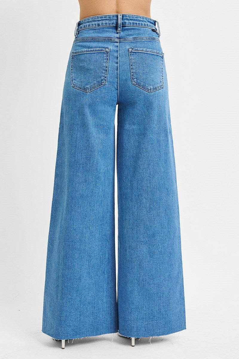 Risen Medium Wash Palazzo High Rise Wide Leg