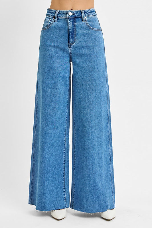 Risen Medium Wash Palazzo High Rise Wide Leg
