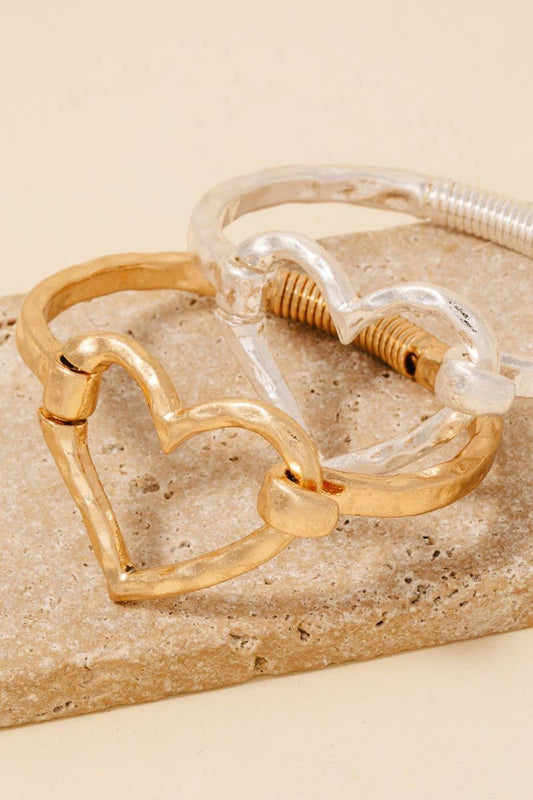 Hammered Heart Coil Spring Hook Bangle Bracelet