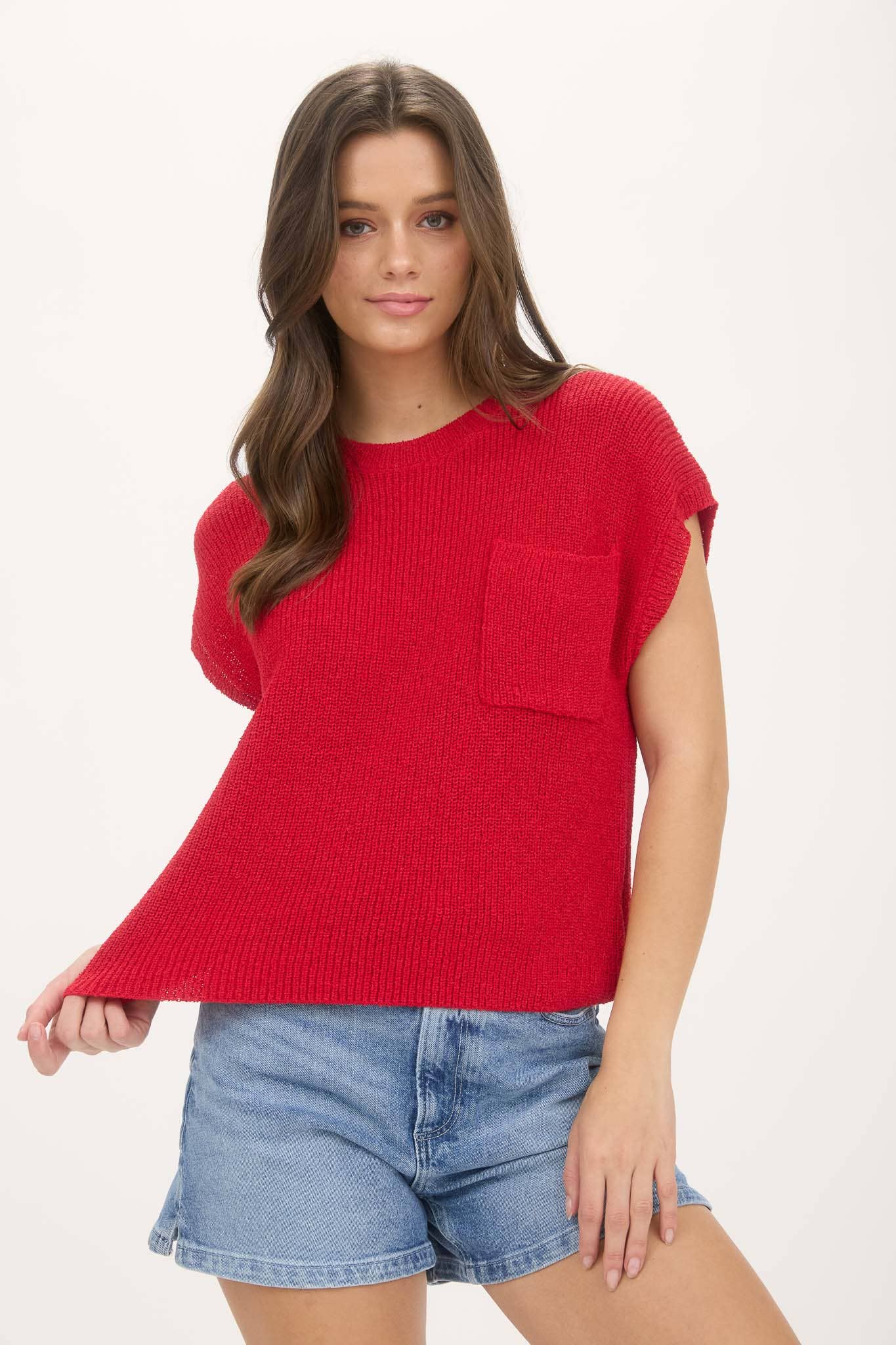 Crewneck Short Sleeve Batwing Sweater With Pocket
