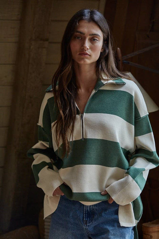 Knit Striped Turtleneck Half Zip Up Sweater