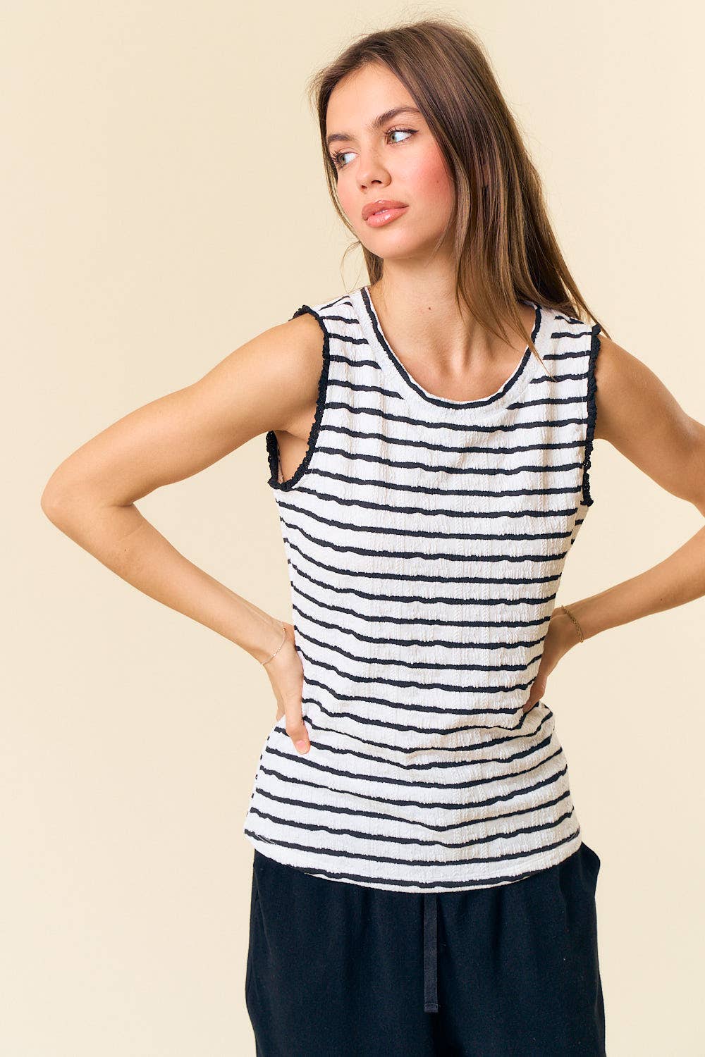 Textured Striped Knit Ruffle Tank Top