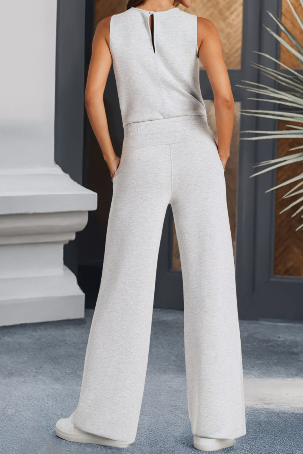 LDC Solid Color Crew Neck Drawstring High Waist Jumpsuit