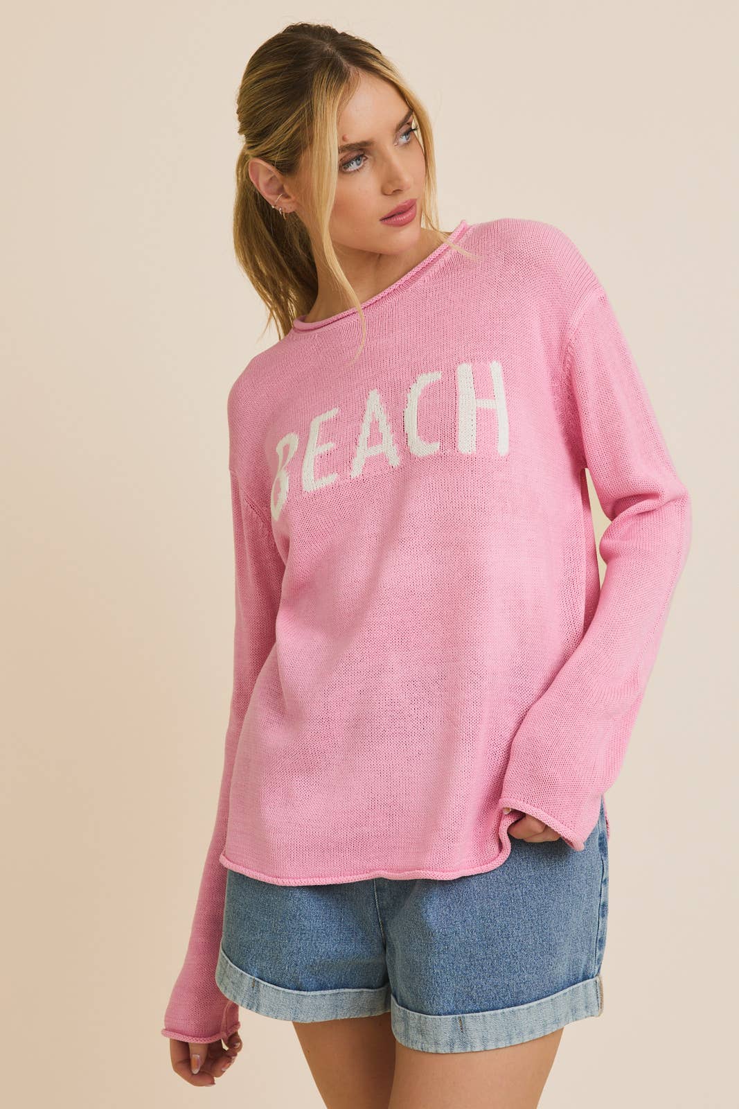 ROUND NECK LONG SLEEVE "BEACH" LIGHT WEIGHT SWEATER