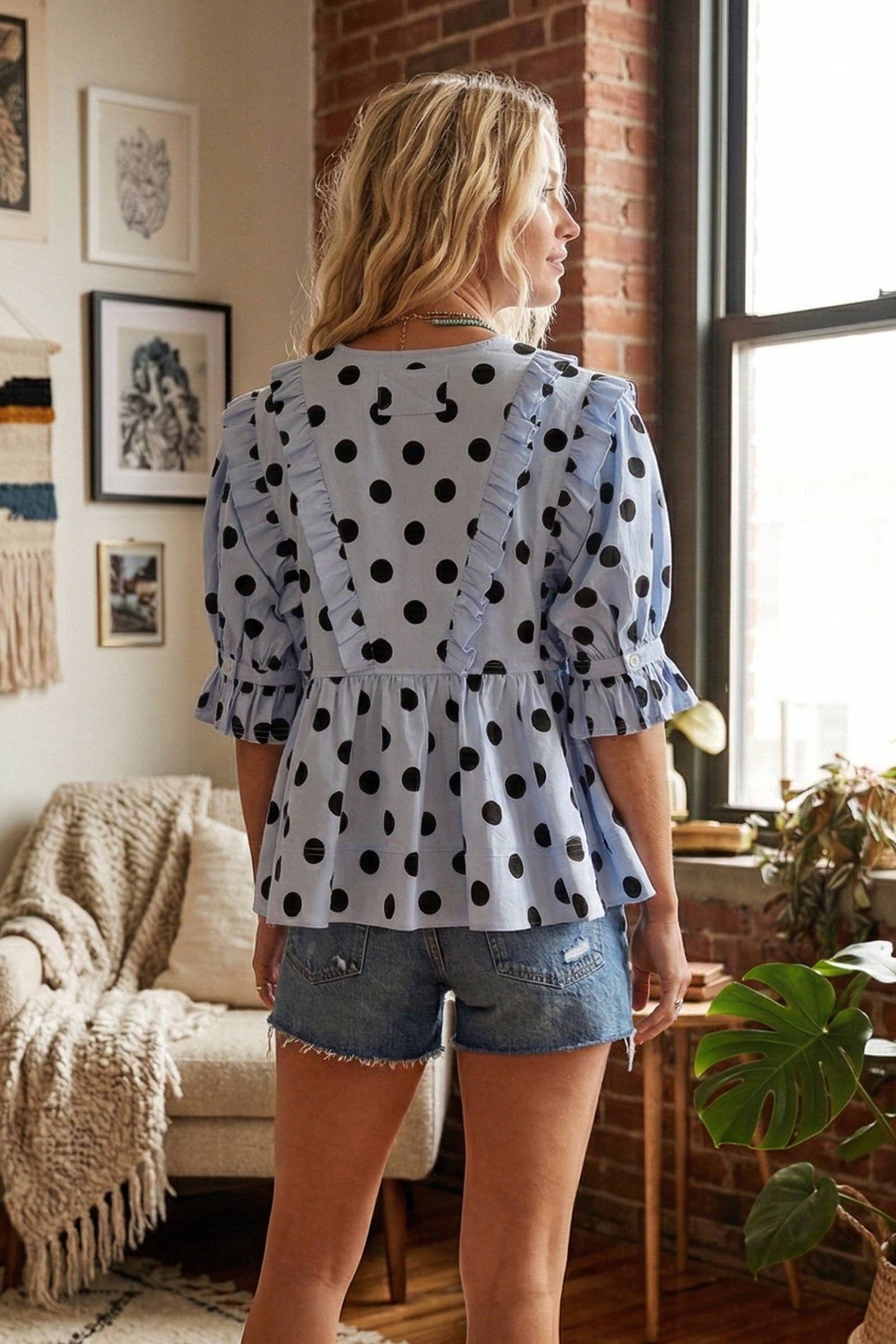 Ruffle Sleeve Polka Dot Babydoll Top