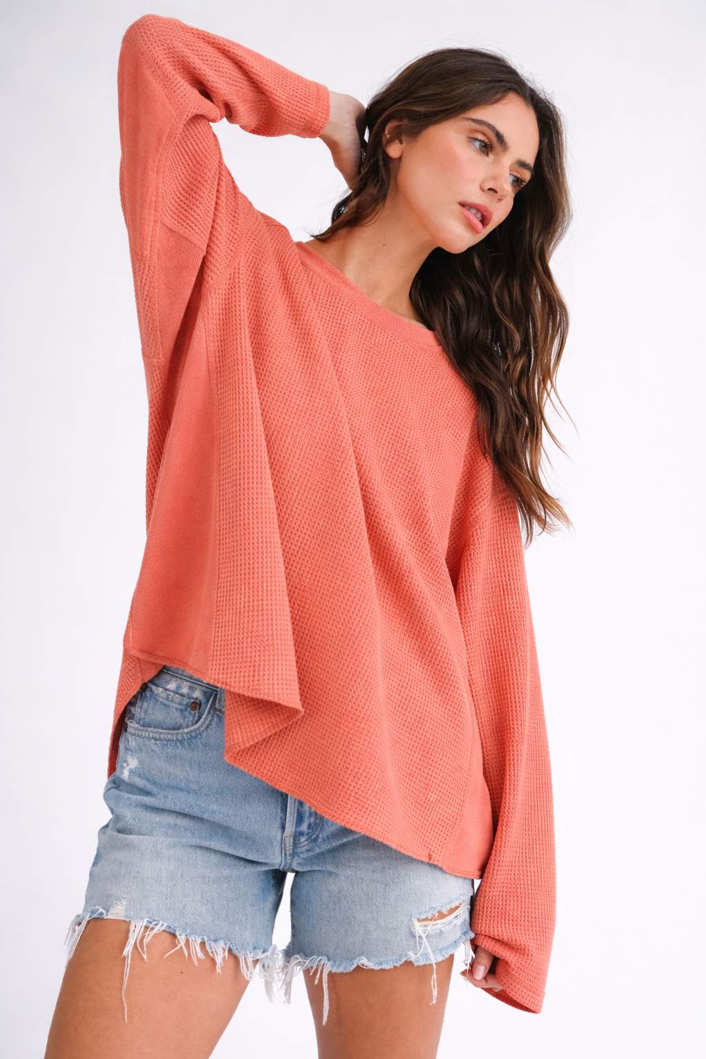 Waffle Knit Contrast Panel Long Sleeve Top