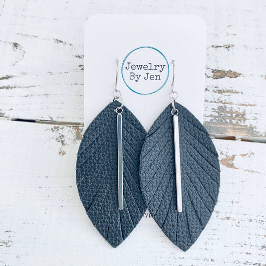 Fringe Leaf Earrings: Black w/Silver Bar