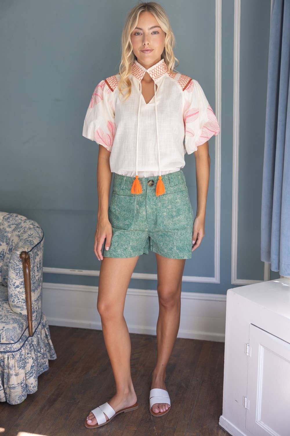 Floral Embroidery Contrast Smocked Neck Top