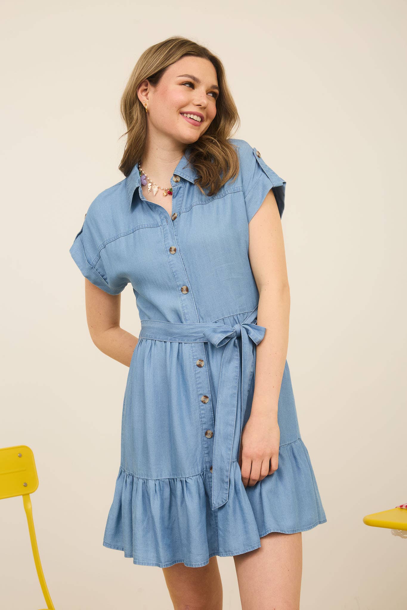 Chambray Ruffle Hem Belted Mini Shirt Dress